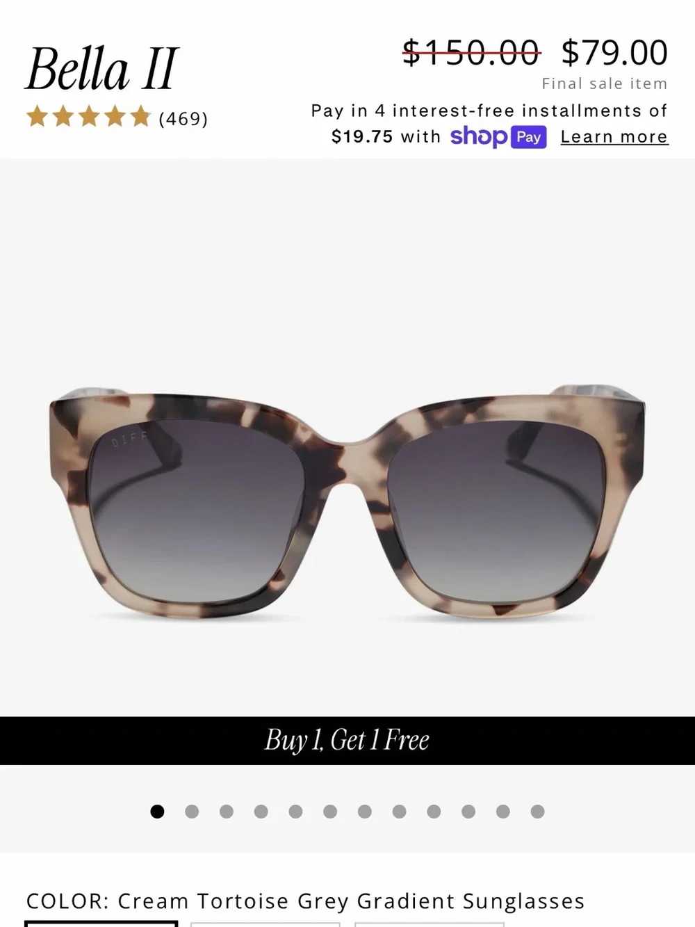 Diff Eyewear Women's BELLA II Cream Tortoise Gray Gradient Sunglasses